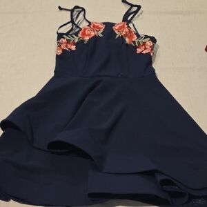 B Darlin Navy Dress with Floral Embroidery Junior